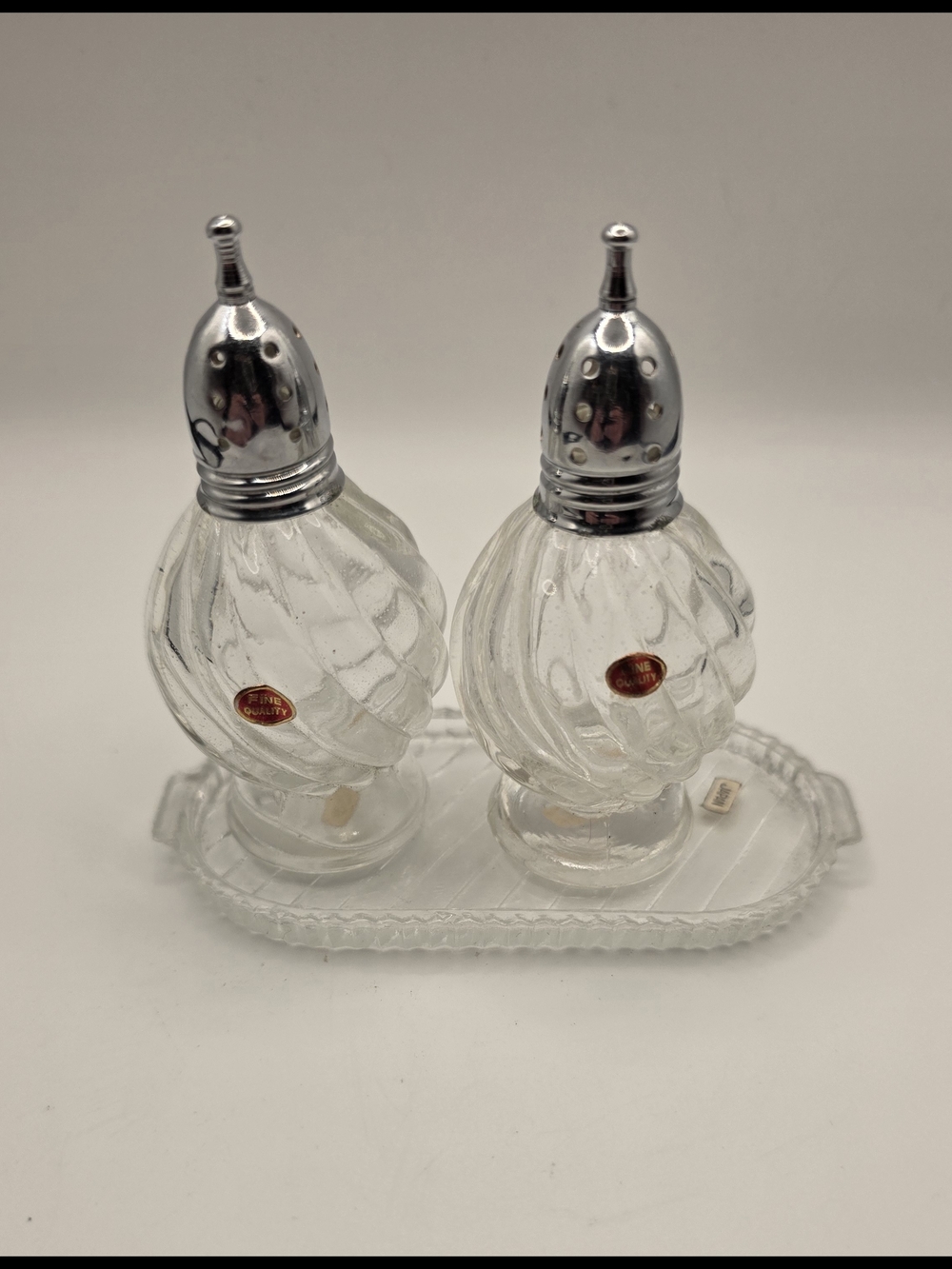 Irice Salt & Pepper Shakers Swirl Optic Glass w/ Pointed Chrome Lids Vtg Set